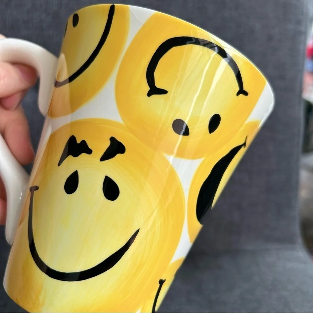 Smiley Face Emoji Covered Coffee Mug, Yellow, White, 15 oz